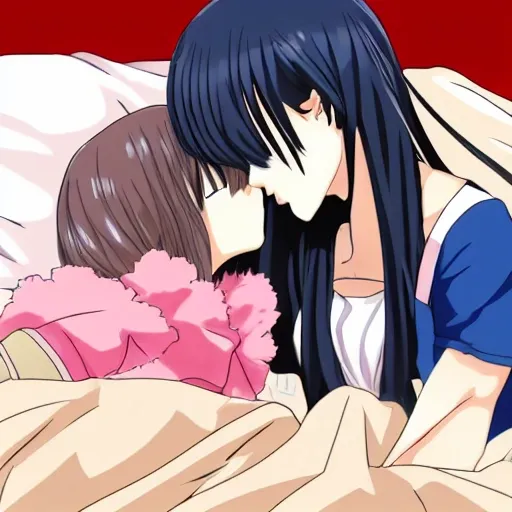 girls kissing in bed