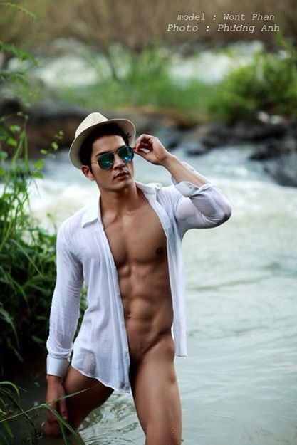 Nude Asian Male Model beach stroke